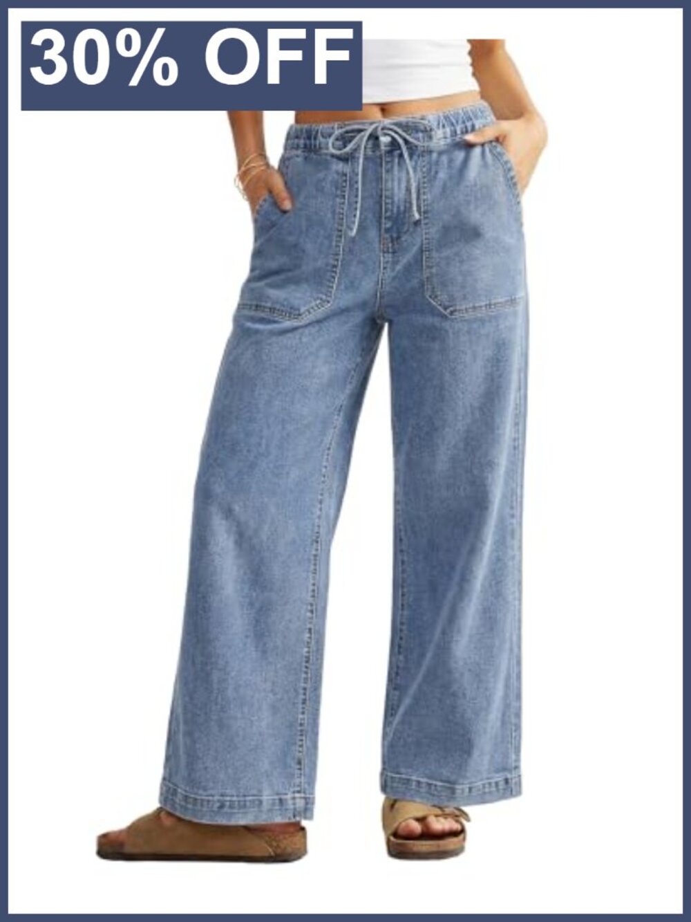 Wide Leg High Waisted Tie Waist Stretchy Denim Jeans with Pockets Regular Fit